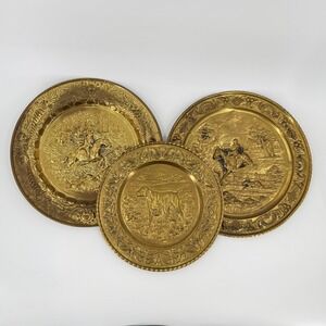 Vintage Gold Equestrian Hunting Wall Plaques Set 3 Embossed Horse Dog Decor